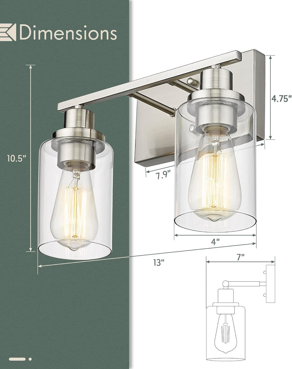 2-Light Brushed Nickel Vanity Wall Light Fixtures with Clear Glass Lampshade C608