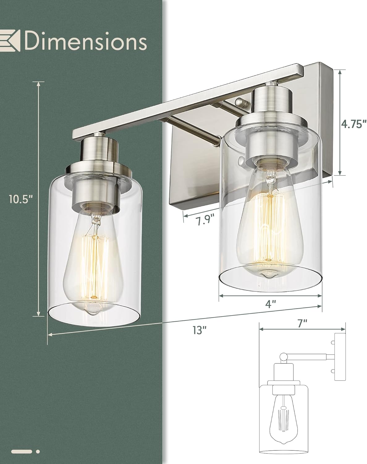 2-Light Brushed Nickel Vanity Wall Light Fixtures with Clear Glass Lampshade C608