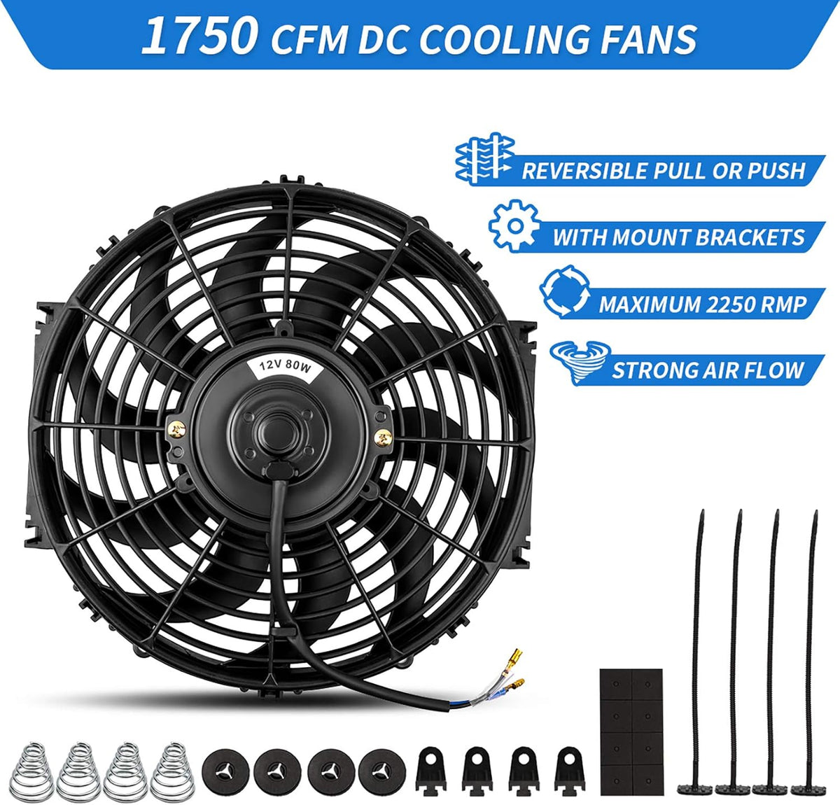 12 Inch Electric Engine Radiator Cooling Fan with Mounting Kit 1750 CFM 12 Volts Pack of 2 G9203