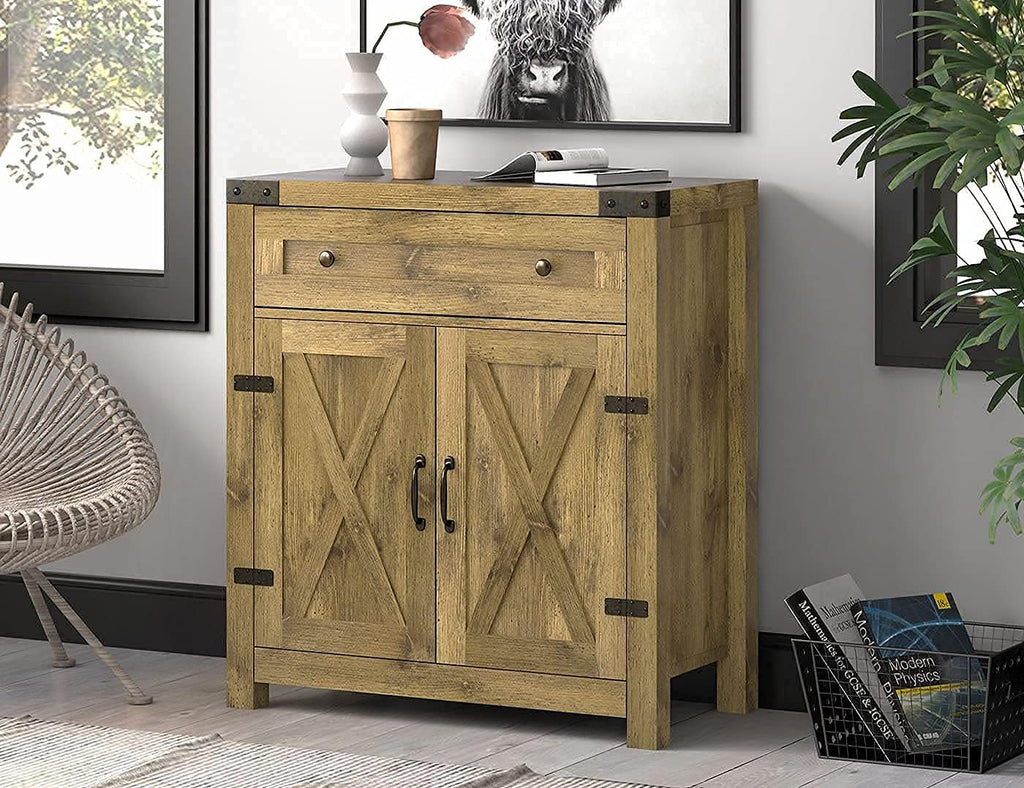 Rustic Oak Storage Cabinet with Double Doors and Drawer V9523