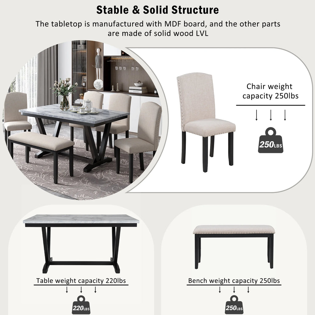 6-piece Dining Table with 4 Chairs & 1 Bench, White Y37832