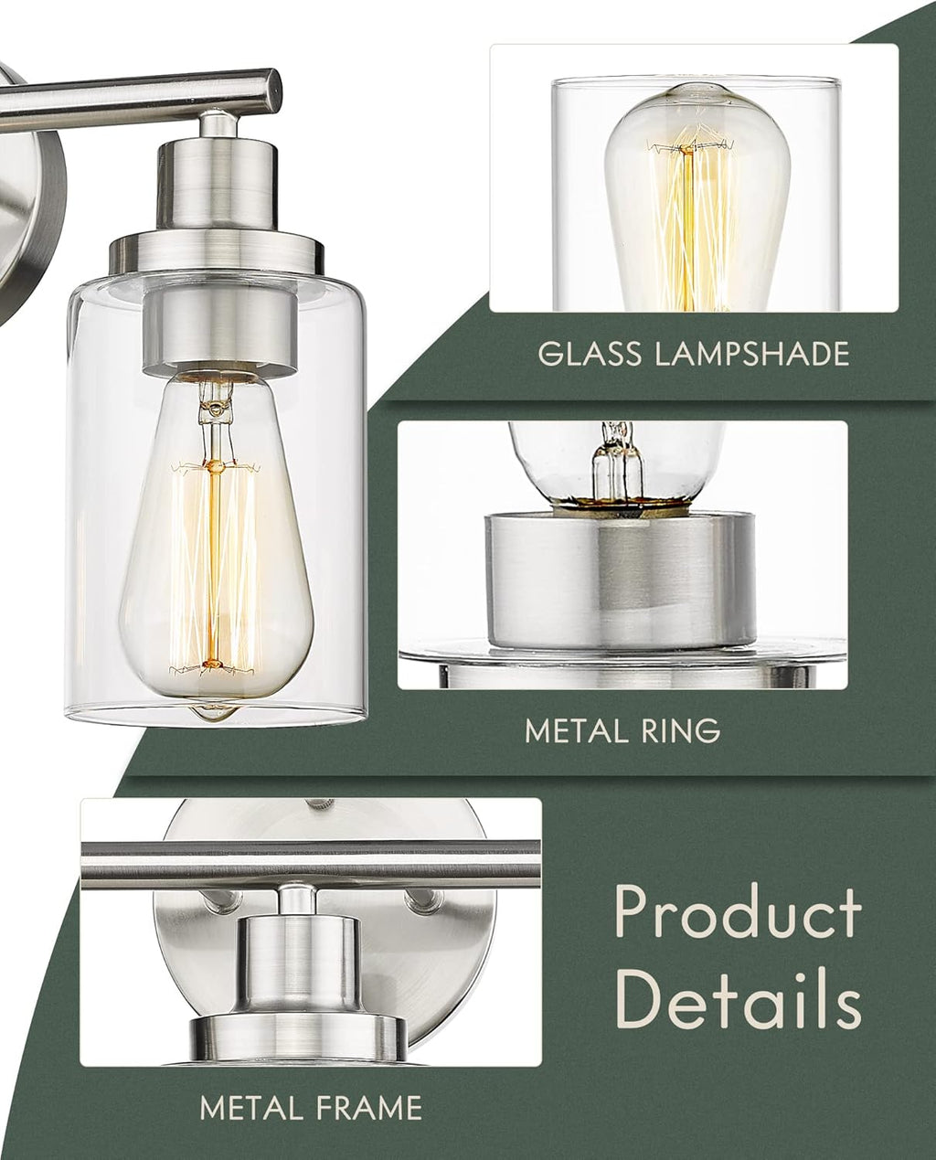 2-Light Brushed Nickel Vanity Wall Light Fixtures with Clear Glass Lampshade C608