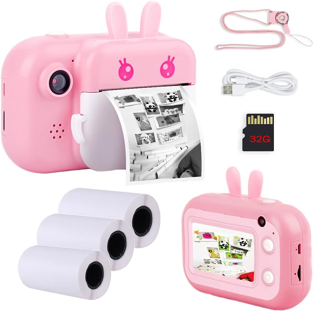 2.4 Color Screen Portable Selfie Digital Camera with 3 Rolls Print Paper & 32GB SD Card Blue X834278