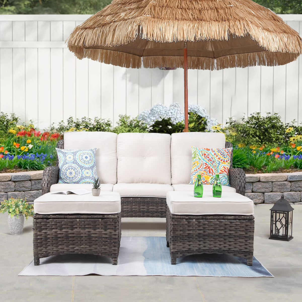Beige Wicker 3-Piece Patio Sofa and Ottoman I762921