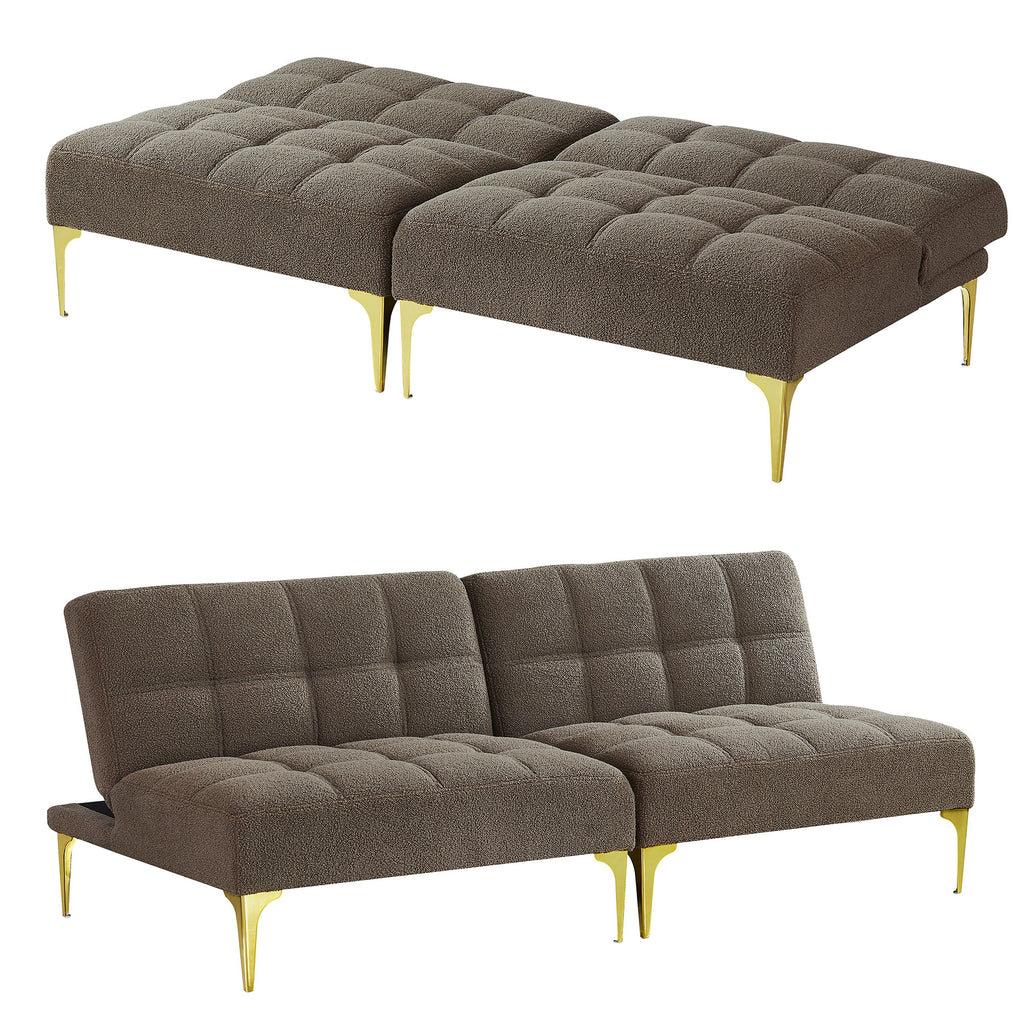 Taupe Teddy Fabric Upholstered Three-seat Futon Sofa with 2 Pillow and Gold Metal Legs H989711
