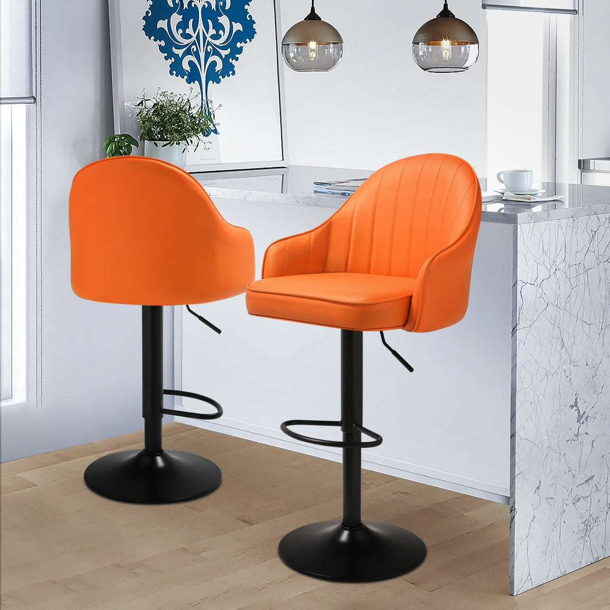 Orange Faux Leather Swivel Bar Stool Set of 2 with Backrest & Armrest R478978