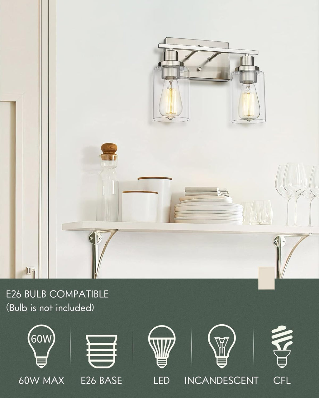 2-Light Brushed Nickel Vanity Wall Light Fixtures with Clear Glass Lampshade C608