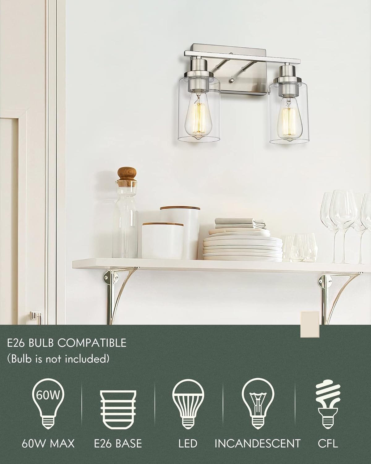 2-Light Brushed Nickel Vanity Wall Light Fixtures with Clear Glass Lampshade C608