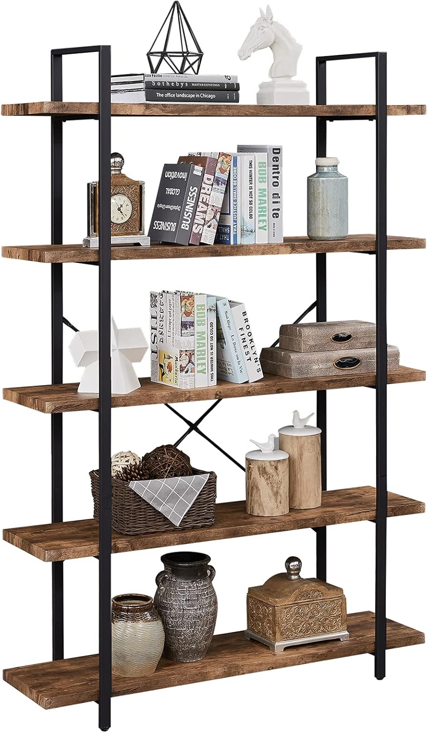 Rustic Brown 5-Shelf Industrial Bookshelf with Metal Frame H76992