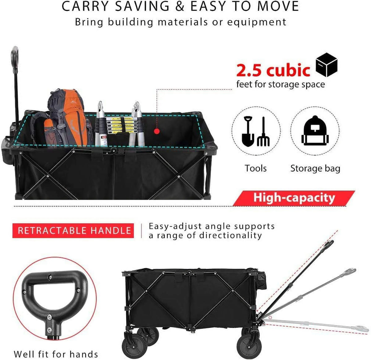 Collapsible Folding Wagon Cart with 2 Drink Holders, 176lbs P43553