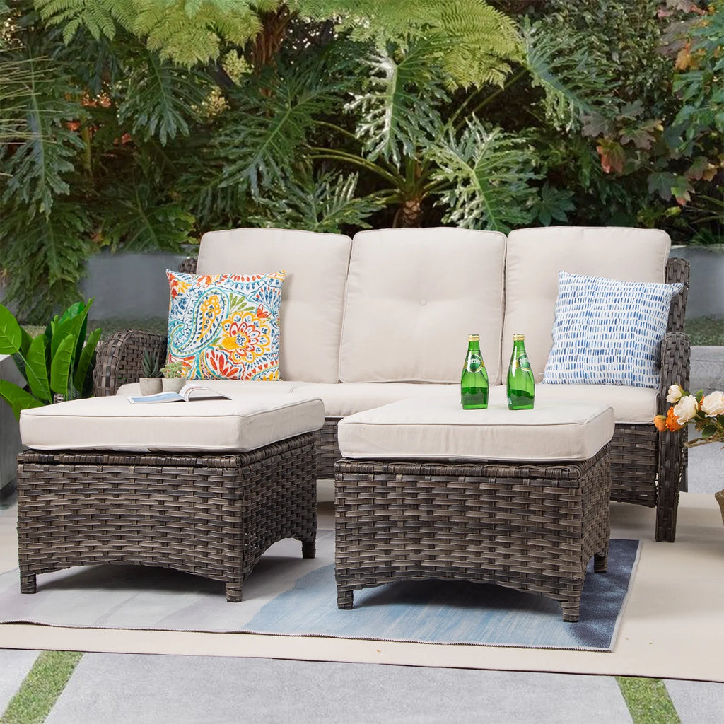 Beige Wicker 3-Piece Patio Sofa and Ottoman I762921