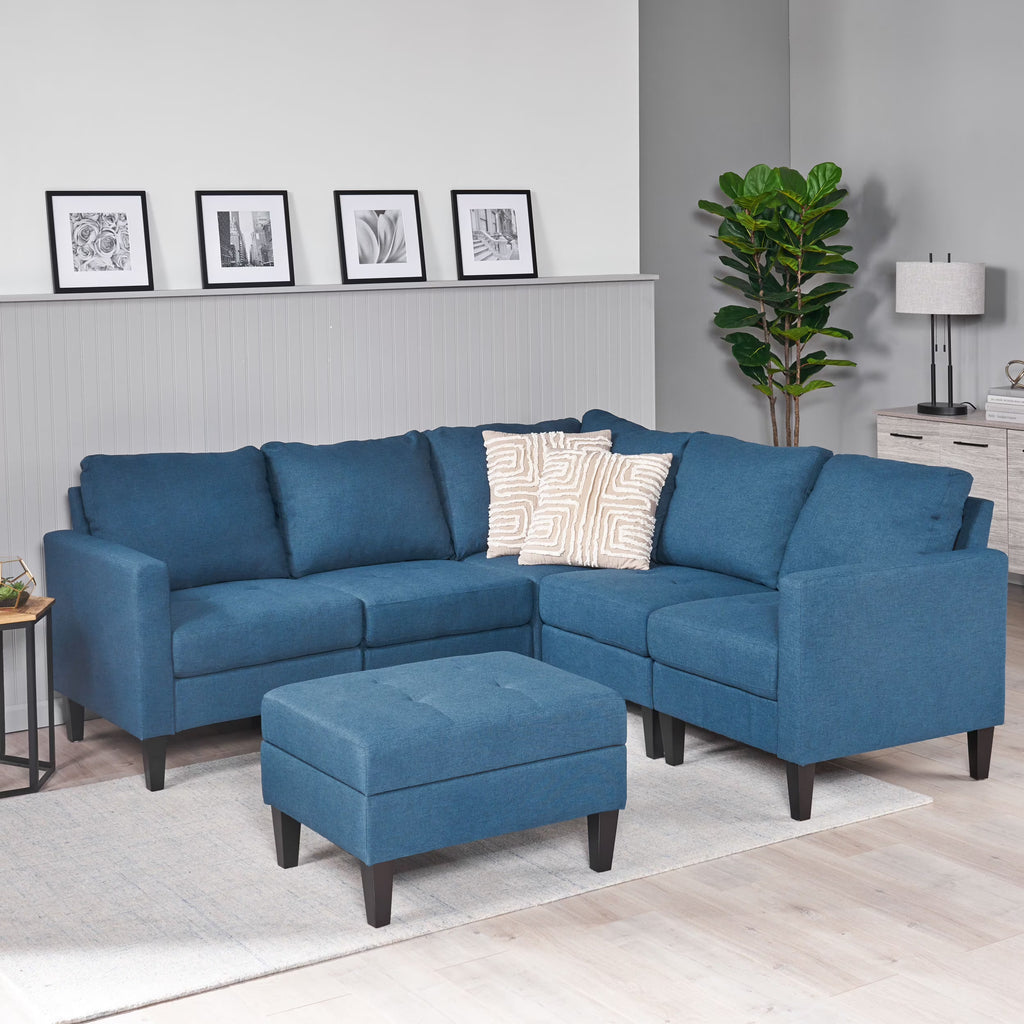 Dark Blue Fabric Sectional Couch with Storage Ottoman N732606
