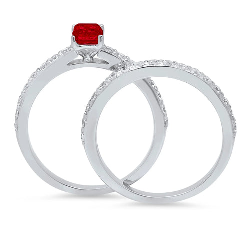 1.16 ct Emerald Cut Natural Garnet 14k White Gold Solitaire Bridal Set SZ 6.25 A6735