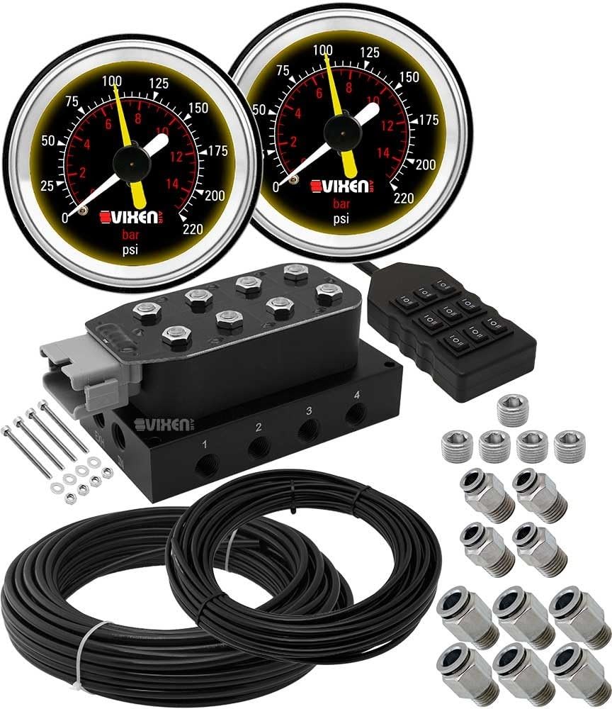 8 Valve Suspension Manifold with Two Dual Needle Black Gauges, 3/8" OD Hose 100 FT, 1/4" OD Hose 50 FT and Fittings H8548